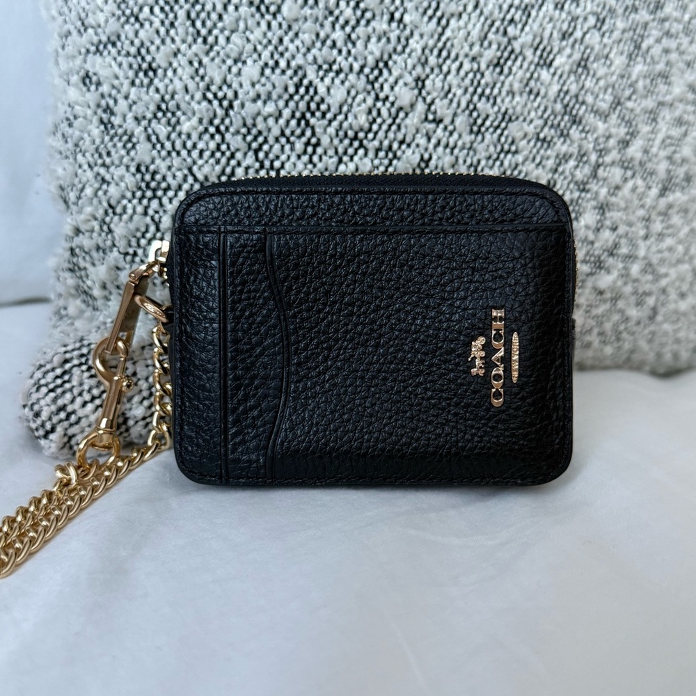 Coach Black Leather Wristlet Chain Card Holder